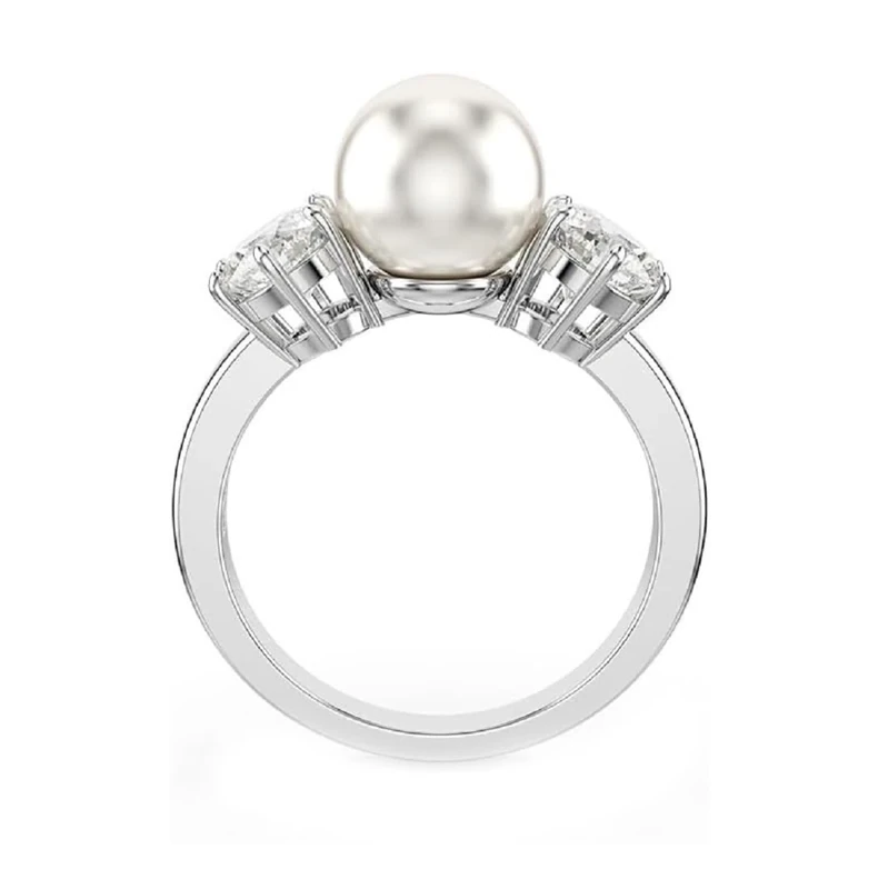 Swarovski Matrix Cocktail Ring, Crystal Pearl and Clear Round-Cut Stones in a Rhodium-Finished Setting, Size P 1/2, Part of the Matrix Collection