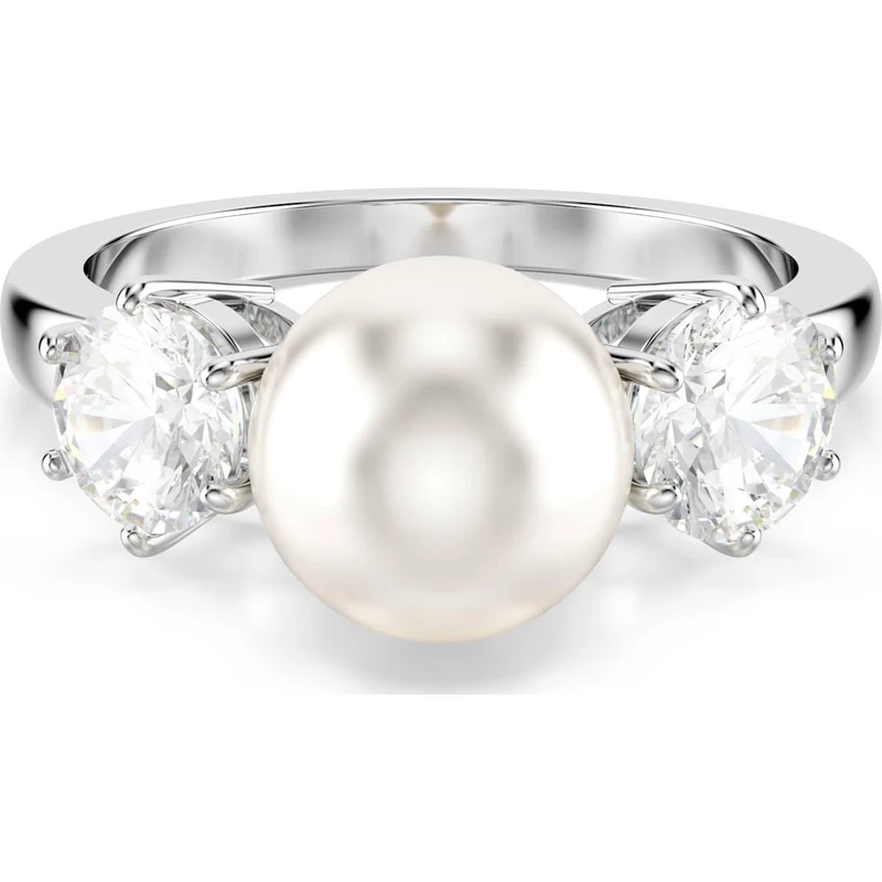 Swarovski Matrix Cocktail Ring, Crystal Pearl and Clear Round-Cut Stones in a Rhodium-Finished Setting, Size N, Part of the Matrix Collection