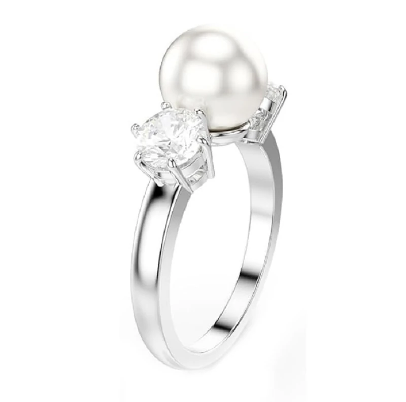 Swarovski Matrix Cocktail Ring, Crystal Pearl and Clear Round-Cut Stones in a Rhodium-Finished Setting, Size L, Part of the Matrix Collection