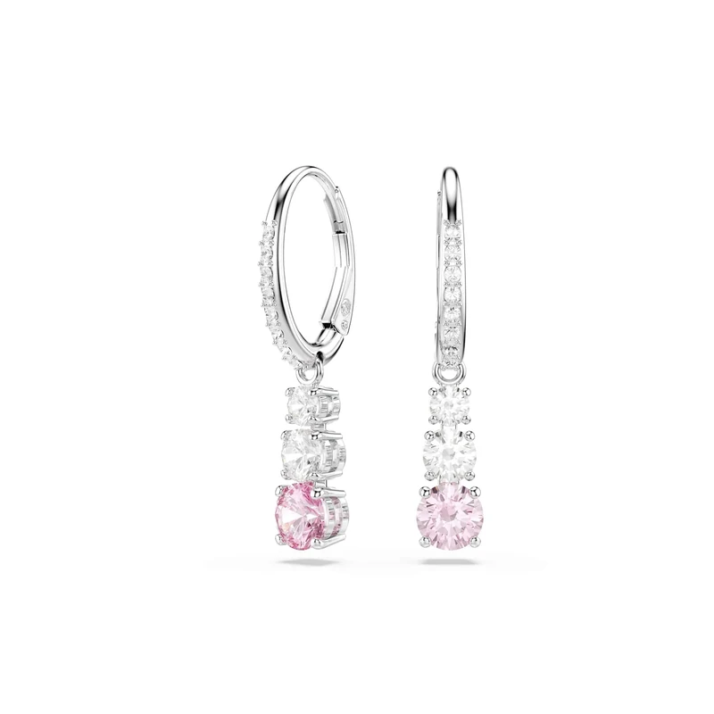 Swarovski Stilla Attract Drop Earrings, Pink And Clear Round-Cut Stones In A Rhodium-Finished Setting, Part Of The Swarovski Stilla Attract Collection