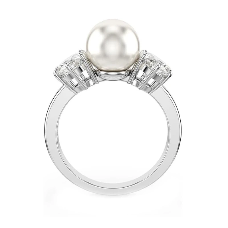 Swarovski Matrix Cocktail Ring, Crystal Pearl and Clear Round-Cut Stones in a Rhodium-Finished Setting, Size R, Part of the Matrix Collection