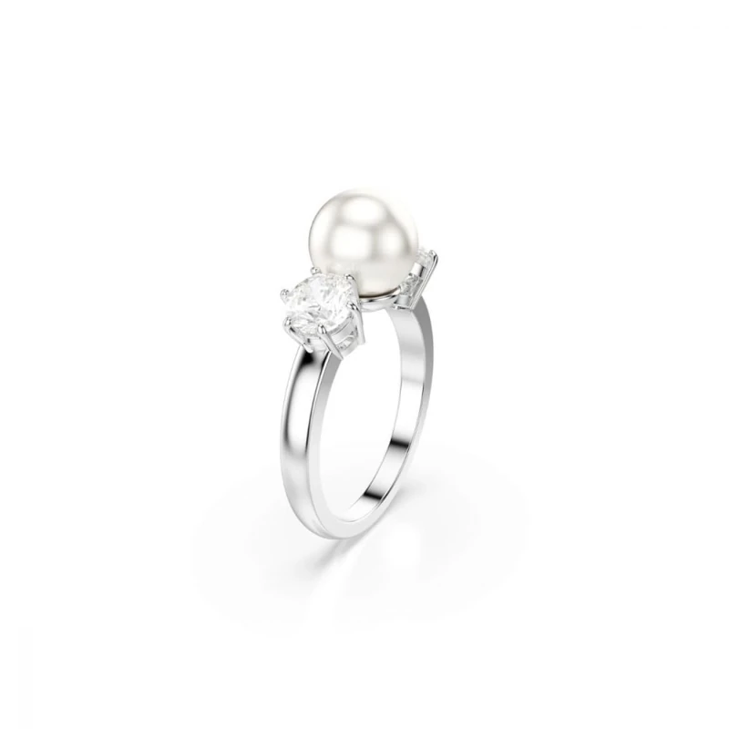 Swarovski Matrix Cocktail Ring, Crystal Pearl and Clear Round-Cut Stones in a Rhodium-Finished Setting, Size J, Part of the Matrix Collection
