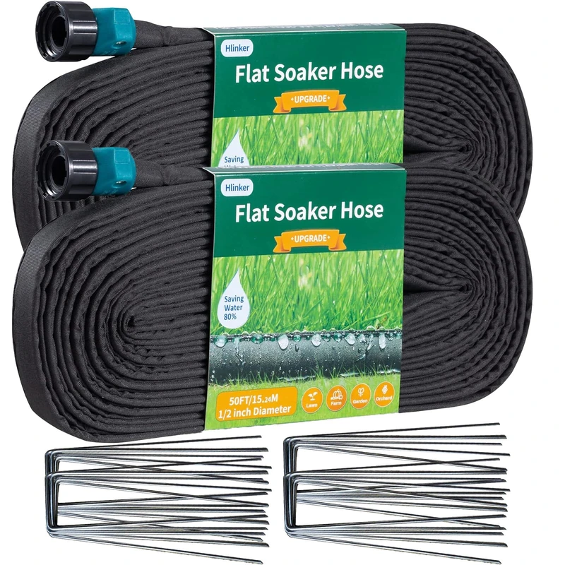Hlinker 2025 Flat Soaker Hose 100 ft (50ft 2Packs) with Stake for Garden, Linkable Drip Hose DIY Automates Garden Irrigation System Saving 88% Water, Dual-Layer Leak-Free Design Water Hose with Holes