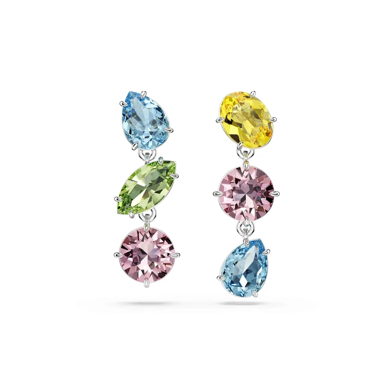 Swarovski Gema drop earrings, Asymmetrical design, Mixed cuts, Multicoloured, Rhodium plated