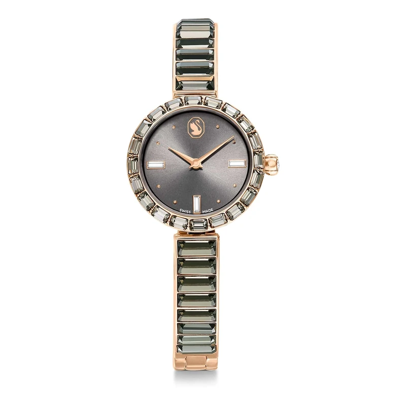 Swarovski Matrix Bangle Watch, Water-Resistant Swiss-Made Bracelet Wristwatch with Grey Baguette-Cut Crystals in a Rose Gold-Tone Finish, Part of The Matrix Collection