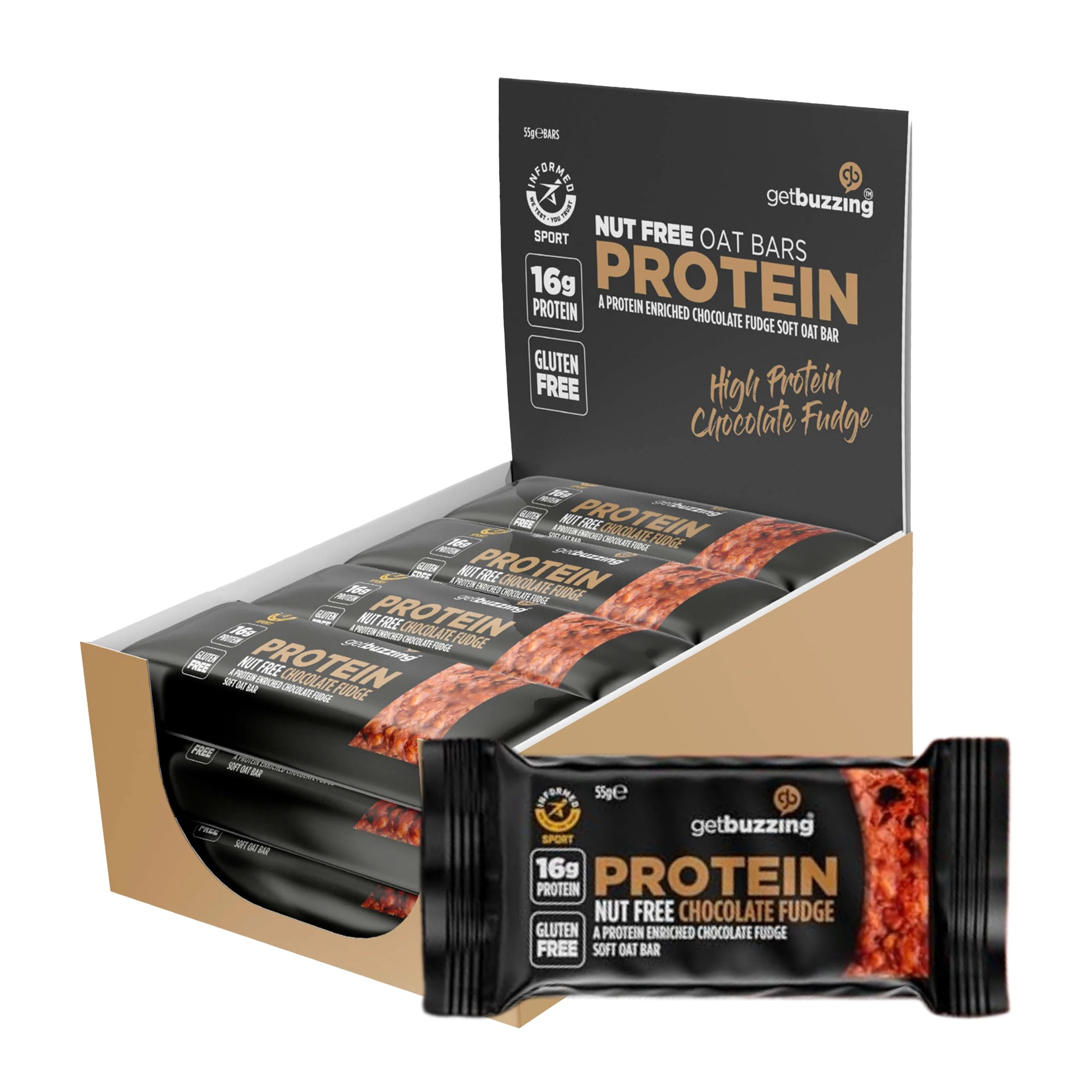 Getbuzzing High Protein Nut Free Flapjack- Chocolate Fudge 55g - Healthy Snack Bars - Gym, Running, Cycling - Pure Protein Made in The UK - Pack of 12 Bars