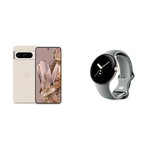 Google Pixel 8 Pro – Unlocked Android Smartphone with telephoto lens, 24-hour battery and Super Actua display – Porcelain, 128GB Pixel Watch Champagne Hazel Active band