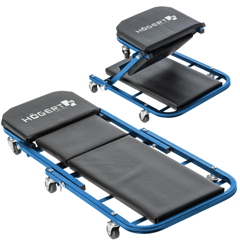 Högert Technik, Workbench with 2 in 1 Seat Stool Tilt Angle Adjustment 6 Castors Steel Frame Damage Free Padding 150kg Load Capacity Black Blue