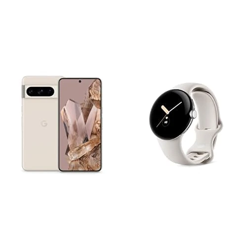 Google Pixel 8 Pro – Unlocked Android Smartphone with telephoto lens, 24-hour battery and Super Actua display – Porcelain, 128GB Smartwatch, Silver with Chalk Strap