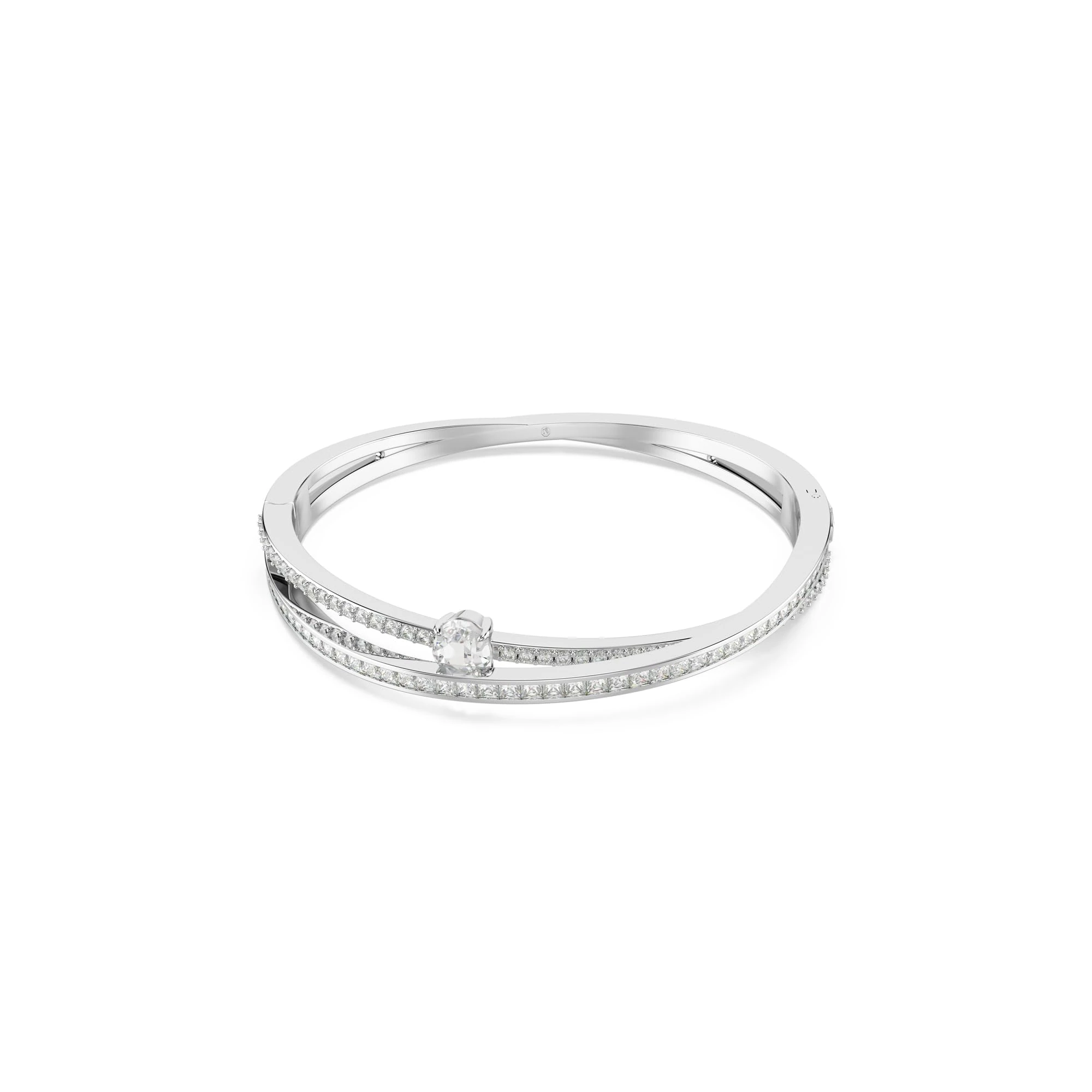 Swarovski Hyperbola Bangle Bracelet, Overlapping Design with Clear Crystals and Oval-Cut Centre Stone in a Rhodium-Finished Setting, Size L, Part of the Hyperbola Collection