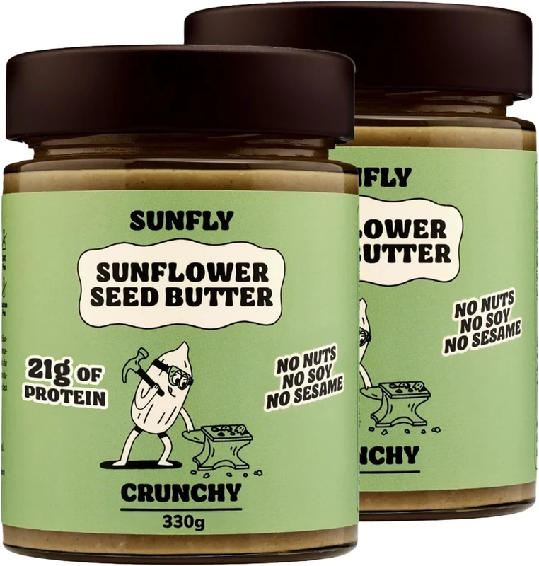 SUNFLY Crunchy Sunflower Seed Butter – Nut-Free, Vegan, High-Protein Spread - Top 14 Allergen-Free, No Palm Oil, No Soy, Plant-Based Peanut Butter Alternative - With Vitamins & Minerals - 2x330g