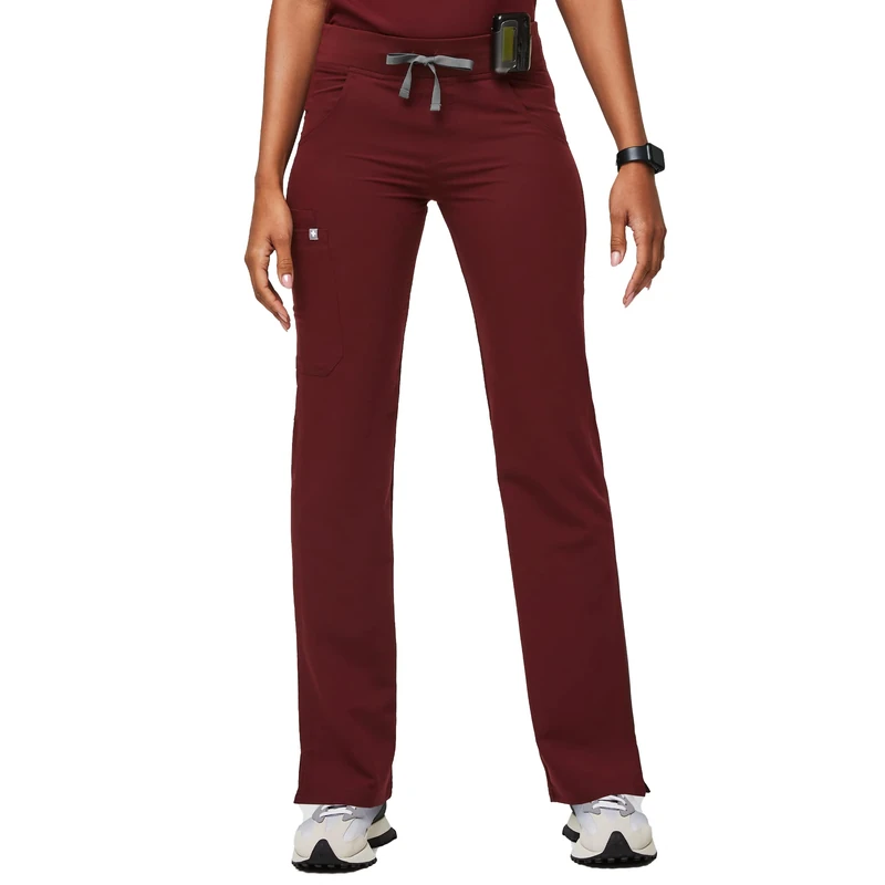 FIGS Kade Cargo Scrub Pants for Women — Classic Fit, Straight Leg, 4 Pockets, Yoga Waistband, Anti-Wrinkle Women Scrub Pants, Burgundy, Large