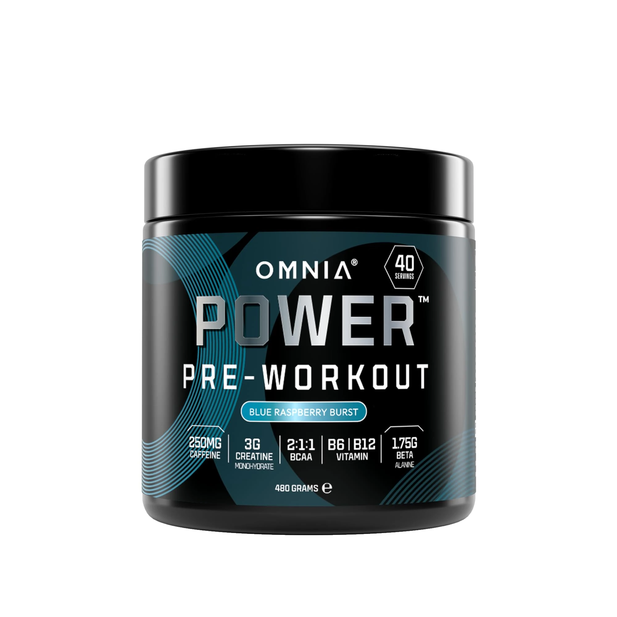 OMNIA Power Pre Workout Powder - Energy Drink with Creatine Monohydrate, Beta Alanine, Caffeine and Citrulline, Physical Performance for Gym or Sports, 40 Servings - Blue Raspberry Burst