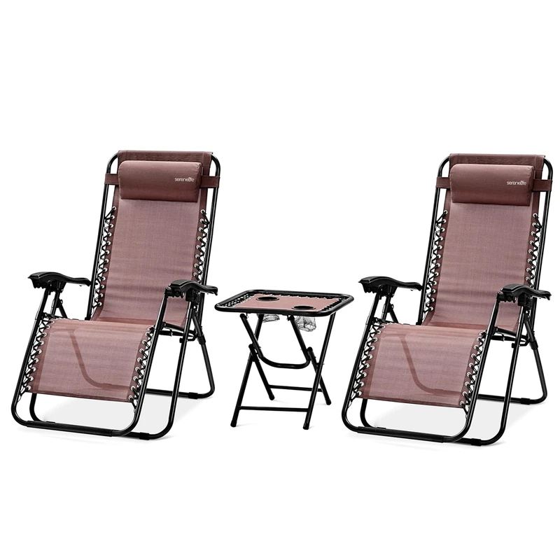 SereneLife Zero Gravity Chairs Set of 2 - Adjustable Outdoor Lounge Chairs with Side Table, Cup Holders, Removable Pillows, Folding Portable Ideal for Patio, Backyard, Poolside, Beach Camping