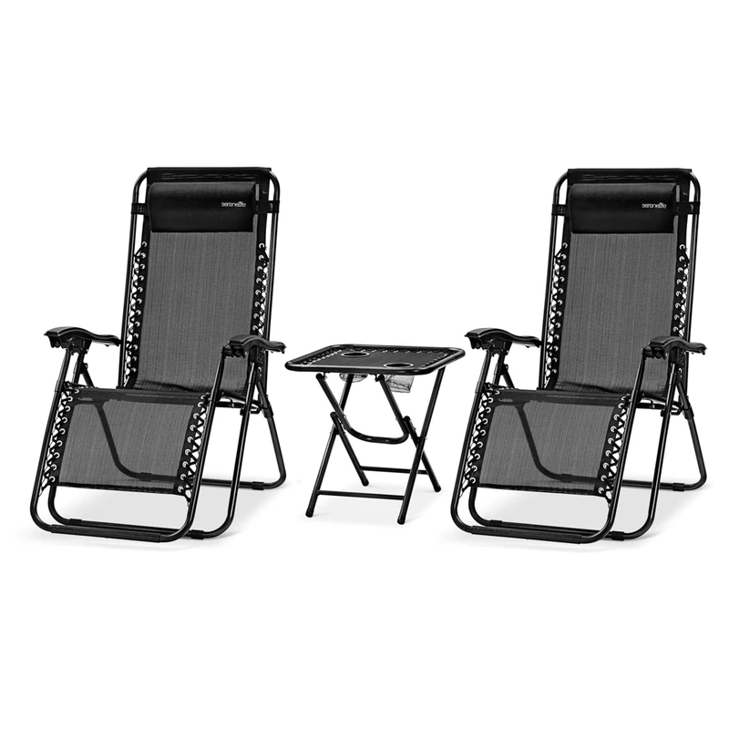 SereneLife Zero Gravity Lounge Chair - Set of 2 Adjustable Recliners with Removable Padded Headrest Pillows, Cup Holders, Breathable Mesh Fabric, Lightweight and Foldable, Black