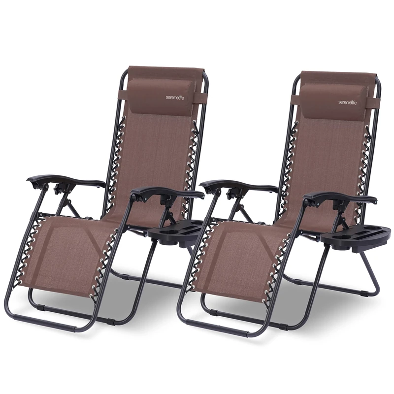 SereneLife Zero Gravity Lounge Chair - Set of 2 Adjustable Recliners with Removable Padded Headrest Pillows, Cup Holders, Breathable Mesh Fabric, Lightweight and Foldable, Brown