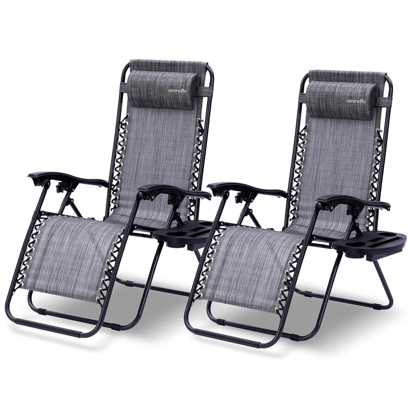 SereneLife Zero Gravity Lounge Chair - Set of 2 Adjustable Recliners with Removable Padded Headrest Pillows, Cup Holders, Breathable Mesh Fabric, Lightweight and Foldable, Gray