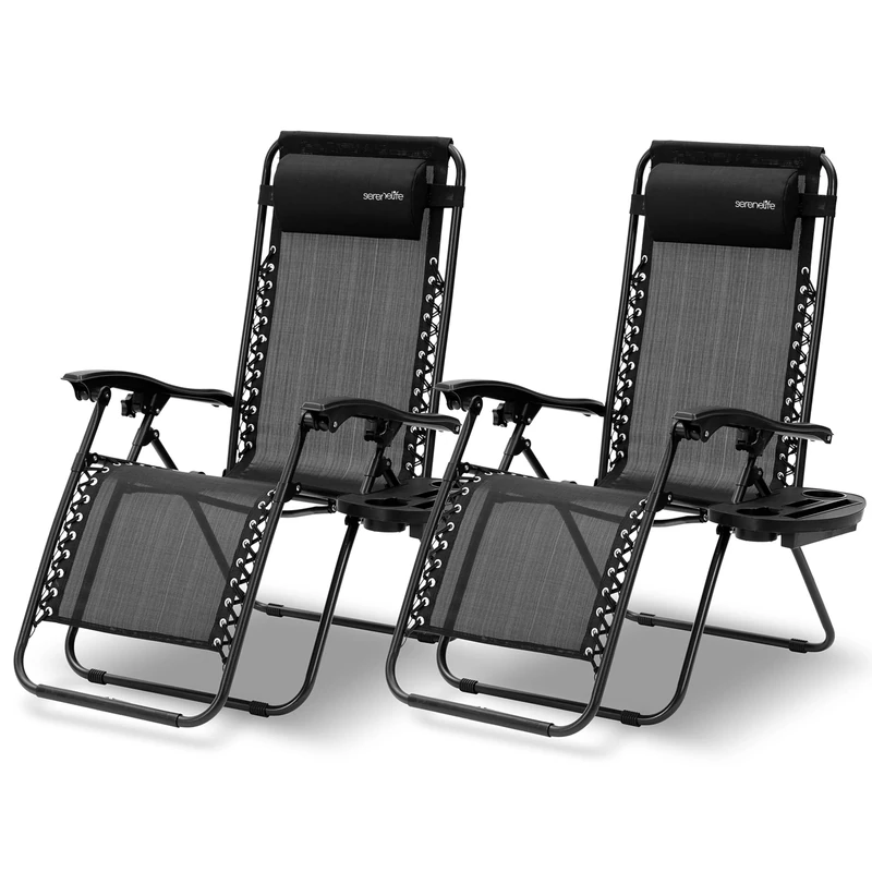 SereneLife Zero Gravity Lounge Chair - Set of 2 Adjustable Recliners with Removable Padded Headrest Pillows, Cup Holders, Breathable Mesh Fabric, Lightweight and Foldable, Black