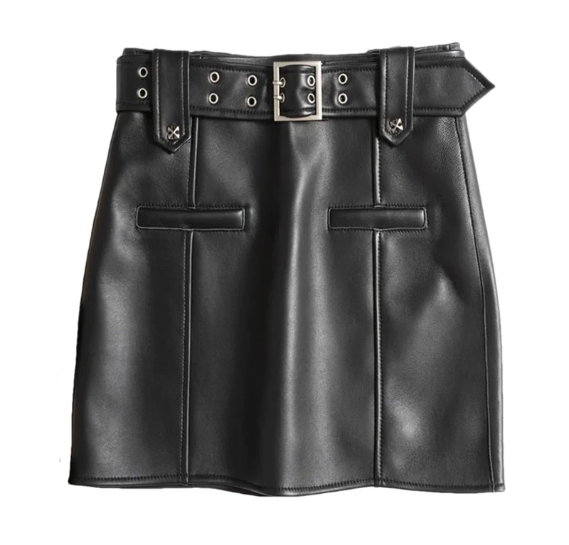 Leather Locomotive Skirt for Women Cargo Skirt with Belt Slim Mini Skirts Black