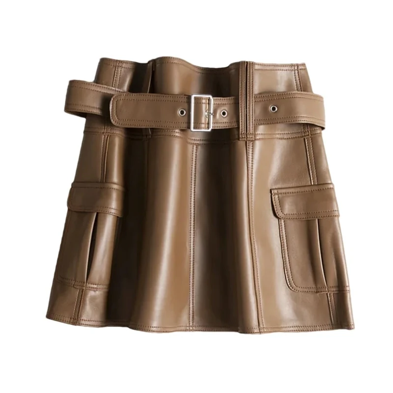 A-Line Skirts Women Spring Genuine Leather Brown Mini Skirt with Belt