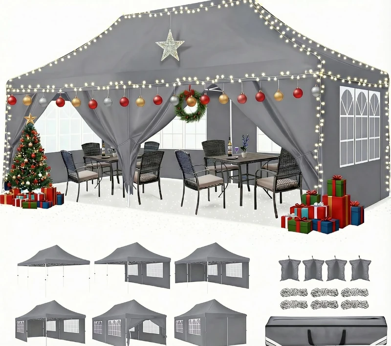 TOOLUCK Folding Gazebo 3 x 6 m 3 x 6 m Outdoor Waterproof Professional Garden Gazebo with 6 Side Walls Gazebo Tent UV 50+