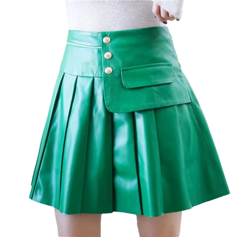 Women Sexy Mini Pleated Skirt High Waist Sheepskin Genuine Leather Short Skirts Ladies Slim Fit A Line Skirt