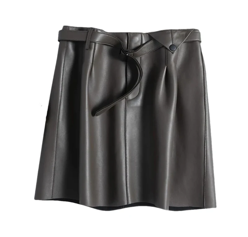 Genuine Leather Sexy Mini Skirt Women Spring High Waist Buttons Retro A-Line Skirt Belt Gray
