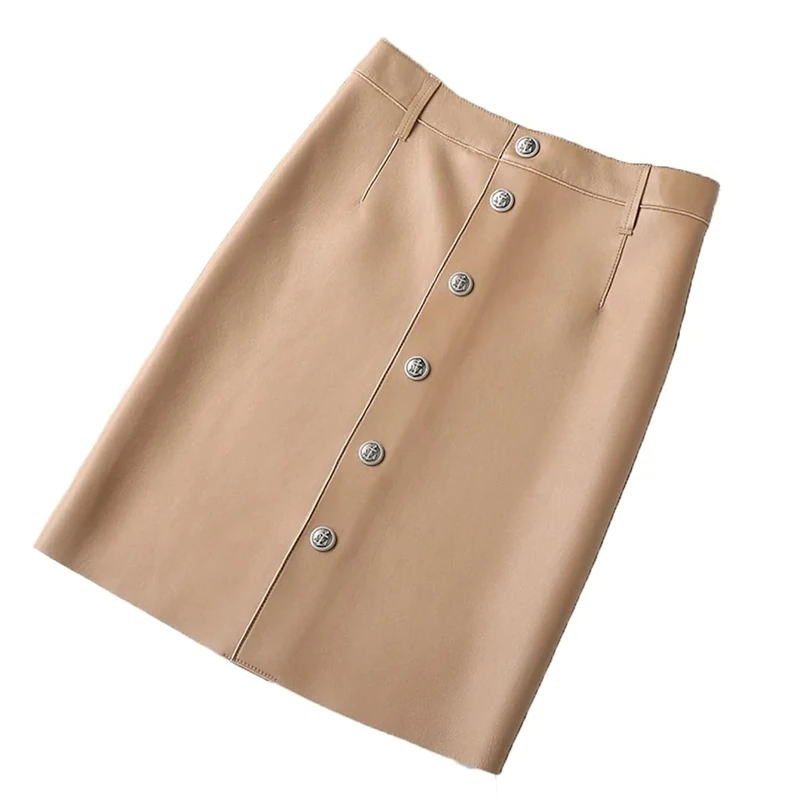Women Genuine Leather Mini Skirt Ladies Sheepskin A-Line High Waist Wrap Skirt Khaki