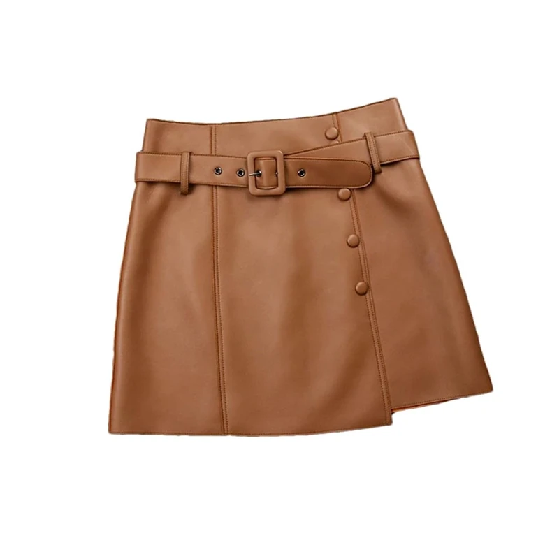 Women Genuine Leather Sheepskin Mini Skirt Simple Commuter Asymmetric Design Belt A-Line Skirt Brown