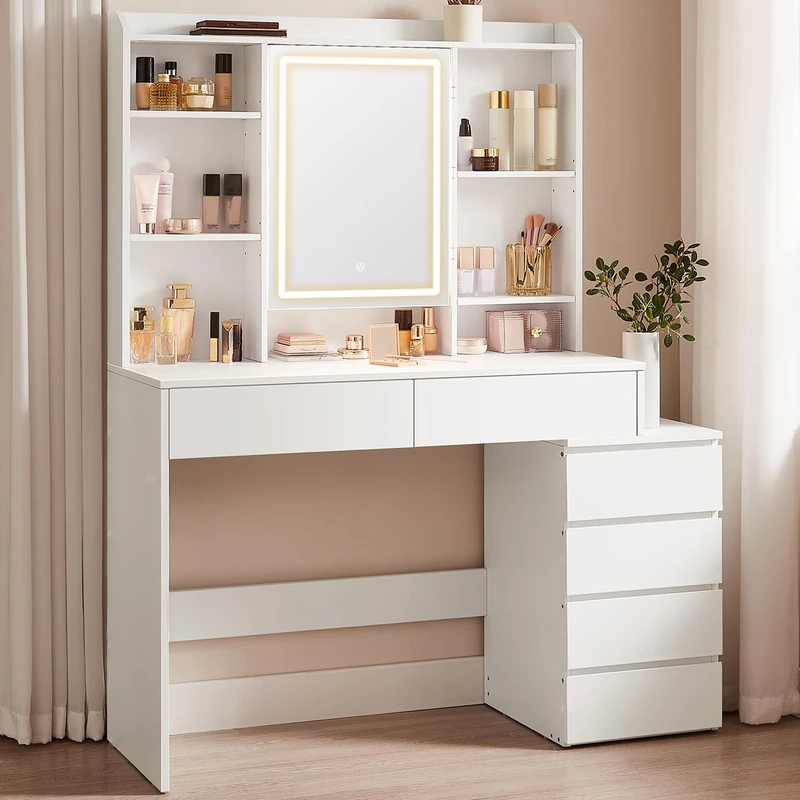 VASAGLE KAILYN Collection - Dressing Table with LED Lights, 40 x 117.5 x 145 cm, Modern Makeup Desk, Vanity Table with Mirror, Drawers, Open Compartments, Adjustable Shelves, Cloud White RDT624W02