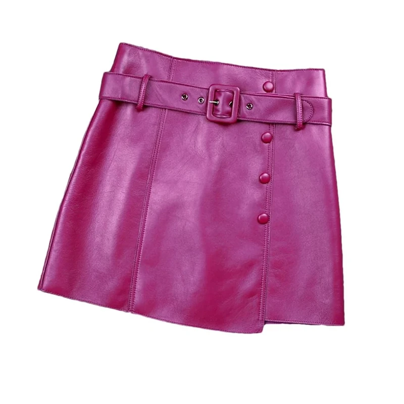 Women Genuine Leather Sheepskin Mini Skirt Simple Commuter Asymmetric Design Belt A-Line Skirt Orchid Purple