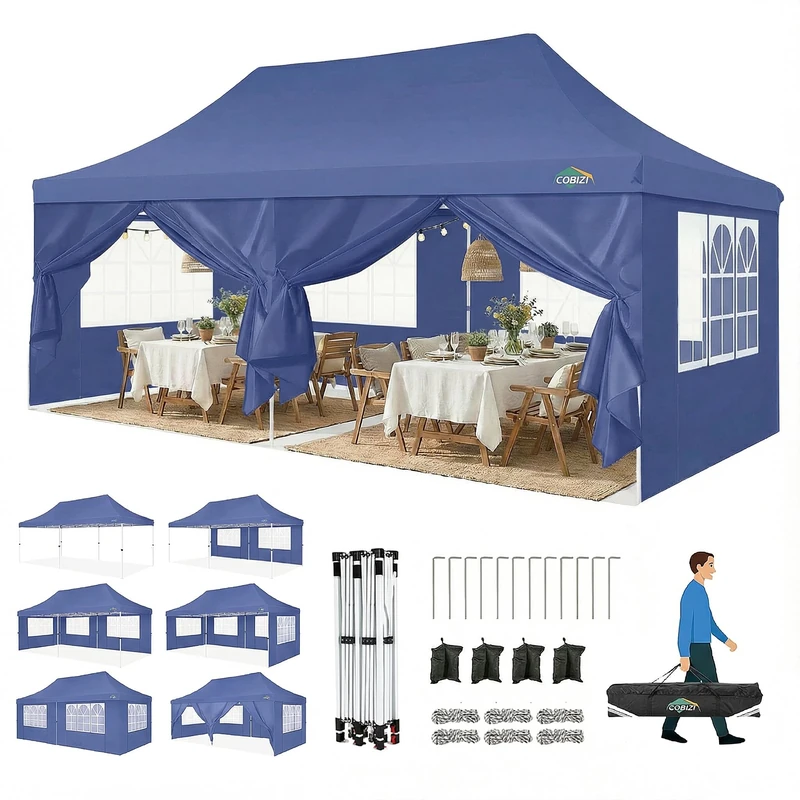 TOOLUCK Folding Gazebo 3 x 6 m 3 x 6 m Outdoor Waterproof Professional Garden Gazebo with 6 Side Walls Gazebo Tent UV 50+