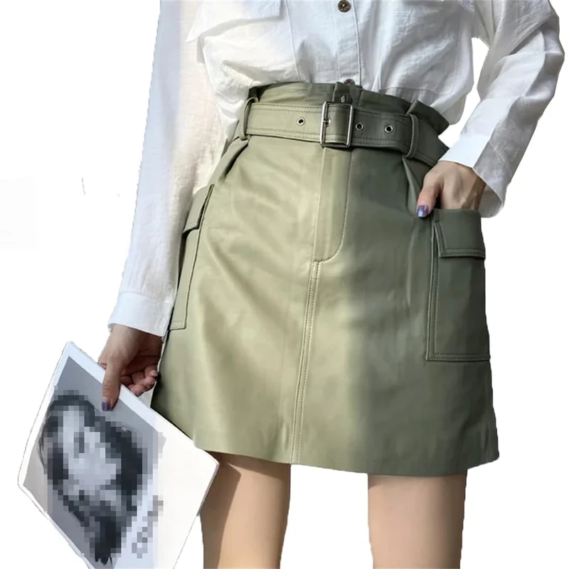 Genuine Leather Sheepskin Sexy Mini Skirt Women Spring High Waist Retro A-Line Skirt