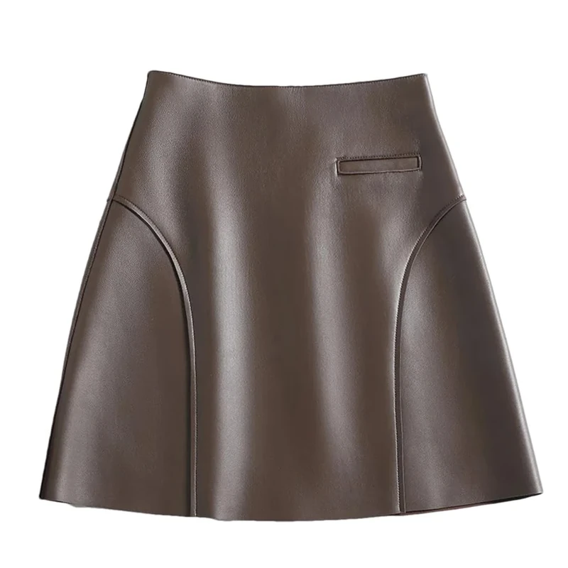 Real Leather Sexy Mini Skirt Women Spring High Waist Buttons A-Line Skirt Brown