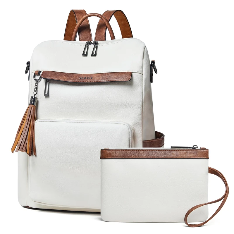 Shrrie Vegan Leather Backpack for Women Backpack Purse 15.6 inch Womens Laptop Backpack for College Travel Work-Beige with Brown