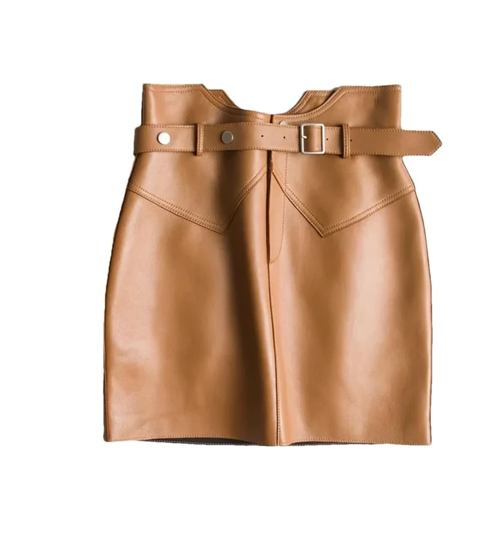 Genuine Leather Sexy Mini Skirt Women Spring High Waist Buttons Retro Belt Pencil Skirt Brown