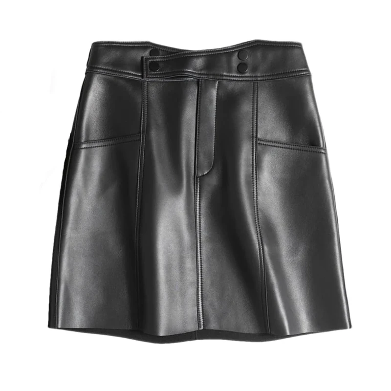 Winter Women Leather Mini Skirts Sexy Slim High Waist A-Line Pocket Skirt Black