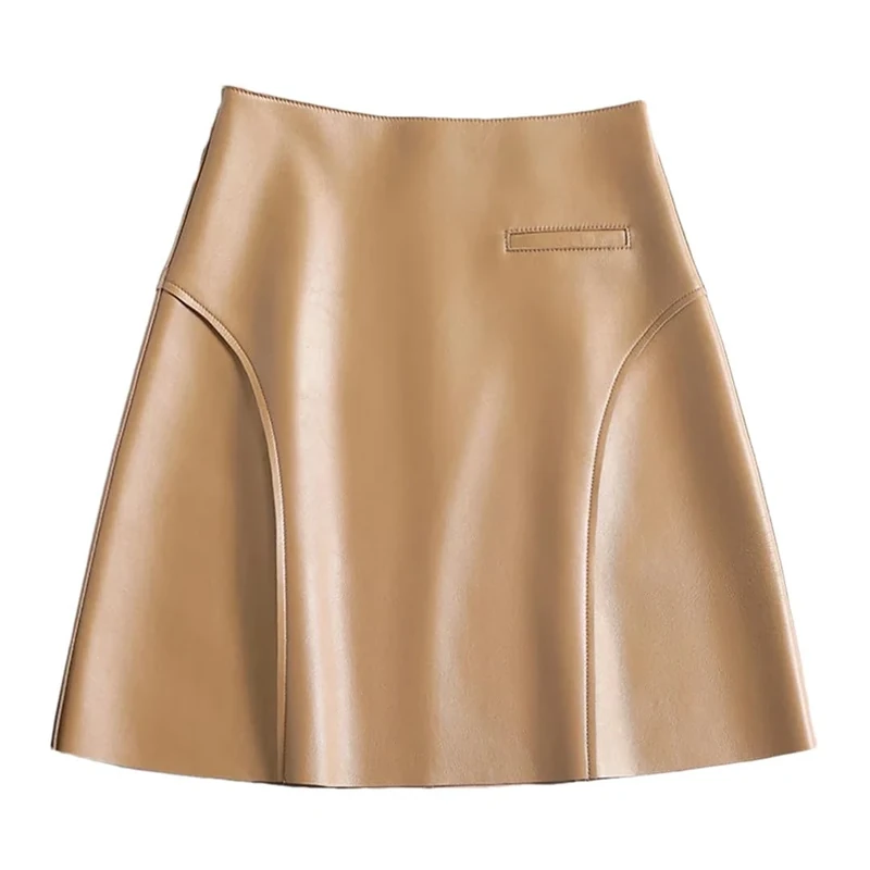Real Leather Sexy Mini Skirt Women Spring High Waist Buttons A-Line Skirt Khaki
