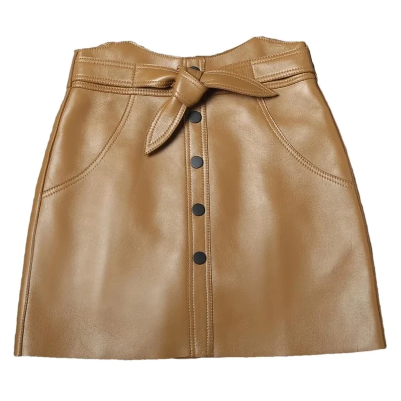 Sexy A-Line Wrap Mini Skirt Bowknot High Waist Buttons Sheepskin Genuine Leather Skirts Women Slim Fit Short Skirt Khaki