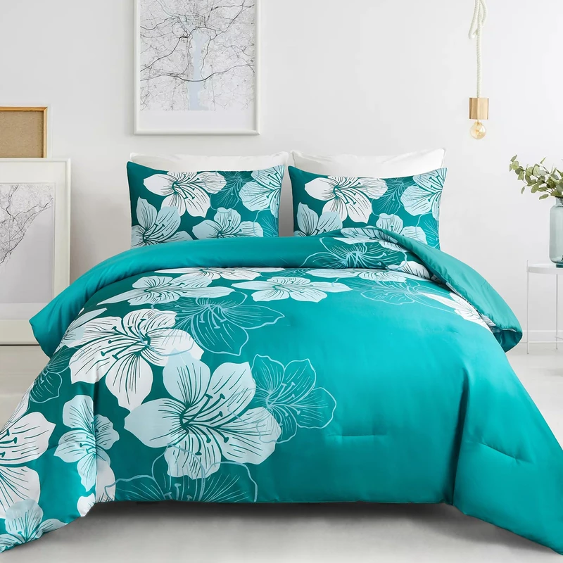 Menghomeus Full Comforter Set Gradient Teal Bedding Floral Comforter Sets - Soft Microfiber Bed Comforter Set for All Season, 3 Piece Botanical Flowers Comforter, Pillowcases