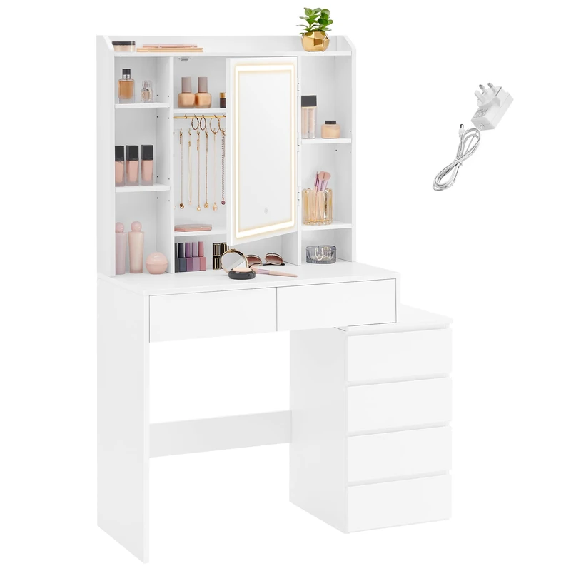 VASAGLE KAILYN Collection - Dressing Table with LED Lights, 40 x 97.5 x 145 cm, Modern Makeup Desk, Vanity Table with Mirror, Drawers, Open Compartments, Adjustable Shelves, Cloud White RDT124W02