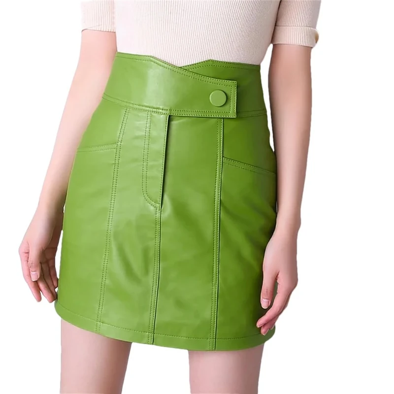 Spring Women's Genuine Leather Short Skirt Ladies A-Line Slim Zipper Mini Skirt