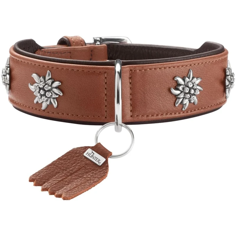 HUNTER Munich Dog Collar Colour: Cognac/Black, Leather, Elegant Costume Details, Soft and Robust, Fur Friendly, Luxurious, Ecologically Produced, Sustainable, Made in Germany, Size: 50
