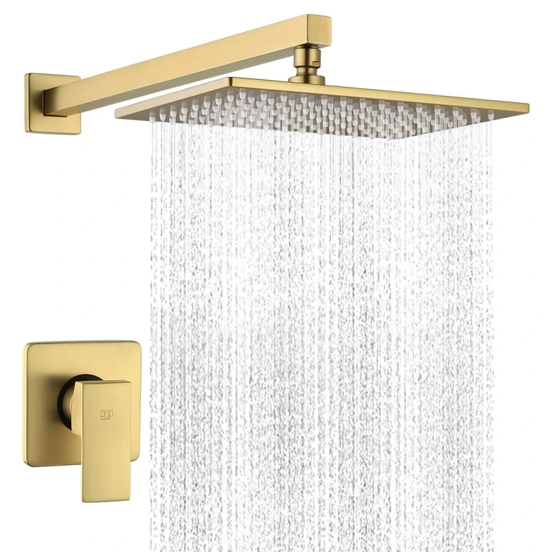 POP SANITARYWARE Shower Faucet Set Brushed Gold Bathroom Rainfall 12" Shower Head and Handle Set Wall Mounted Shower System Single Function Shower Valve and Trim Set