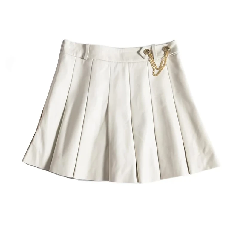Lambskin Mini Pleated Skirt Women College Style Hot Girl Golden Chain Short Genuine Leather Skirt