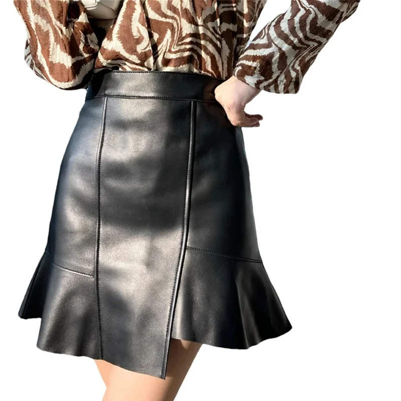 Mini Leather Fishtail Skirt Women Elegant Real Lambskin Irregular Ruffled High Waist Short Skirt Black