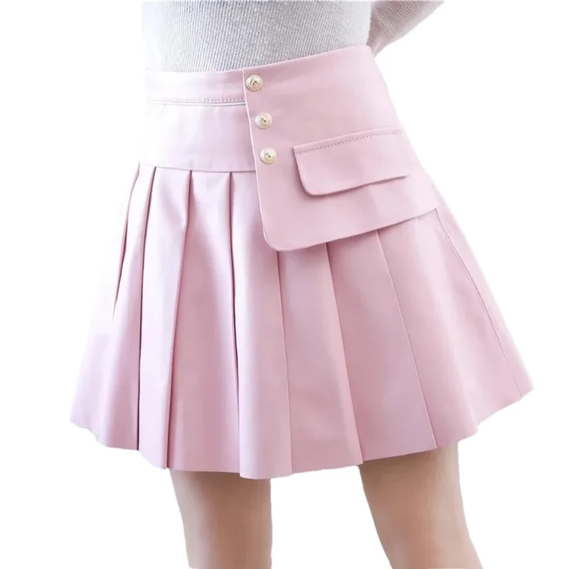 Women Sexy Mini Pleated Skirt High Waist Sheepskin Genuine Leather Short Skirts Ladies Slim Fit A Line Skirt