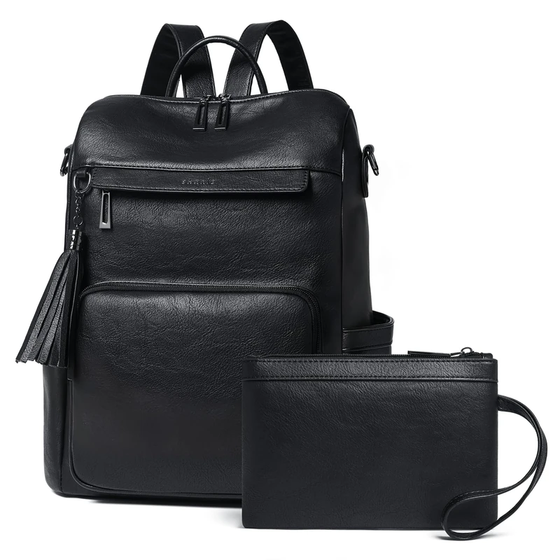 Shrrie Vegan Leather Backpack for Women Backpack Purse 15.6 inch Womens Laptop Backpack for College Travel Work-Two-tone Black