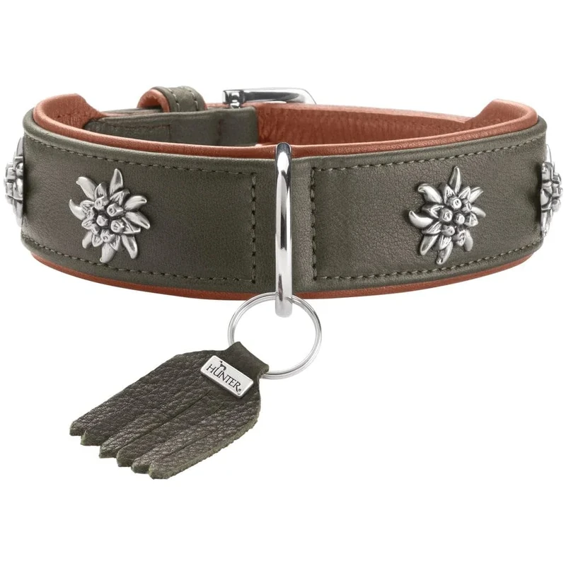 HUNTER Munich Dog Collar Colour: Green/Cognac, Leather, Elegant Costume Details, Soft and Robust, Fur Friendly, Luxurious, Ecologically Produced, Sustainable, Made in Germany, Size: 50