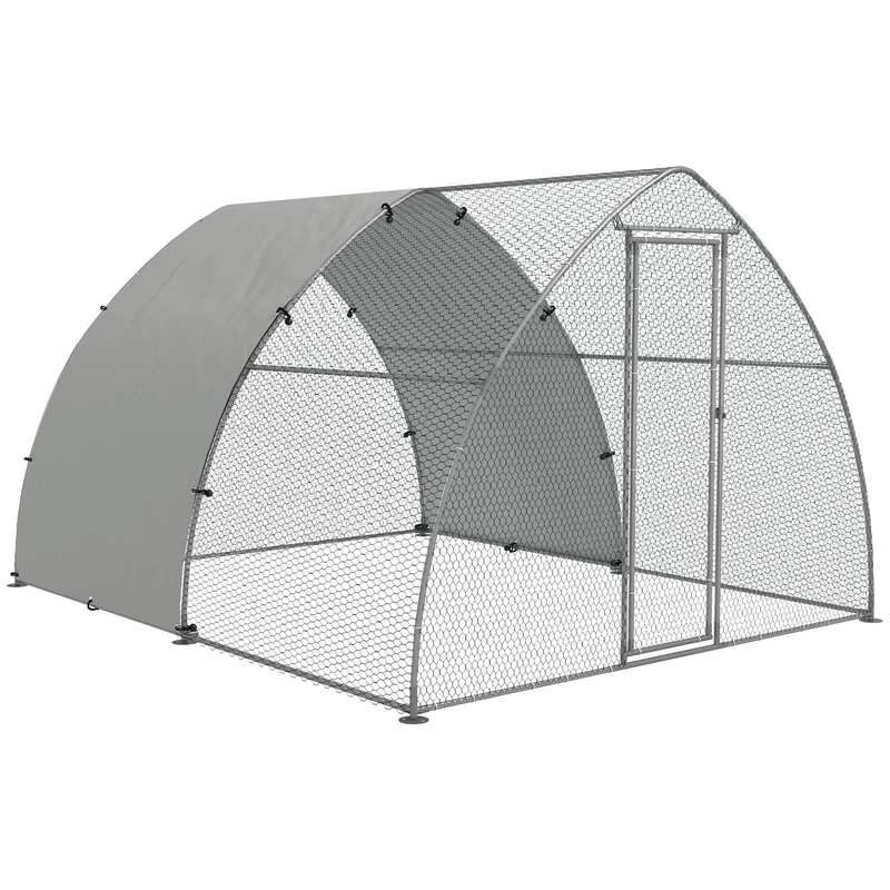 PawHut Walk In Chicken Run, Galvanised Chicken Coop Outdoor with Cover, Poultry Cage, for 8-12 Chickens, Hens, Ducks, Rabbits, 3 x 3.8 x 2.2m - Silver Tone